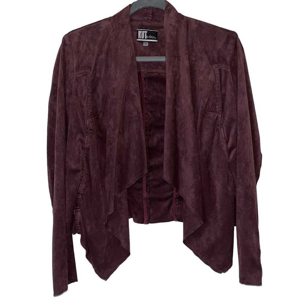 Kut from the Kloth Jacket Wmns Med Purple‎ Faux Suede Crop Open Front Waterfall